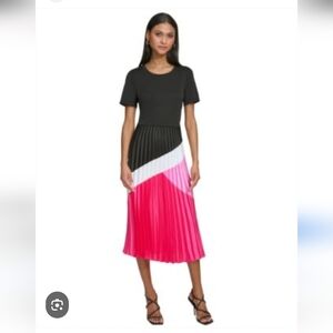 Karl Lagerfeld Accordian Pleat Midi Dress Colorblock Pink/Black/Red Sz. XL